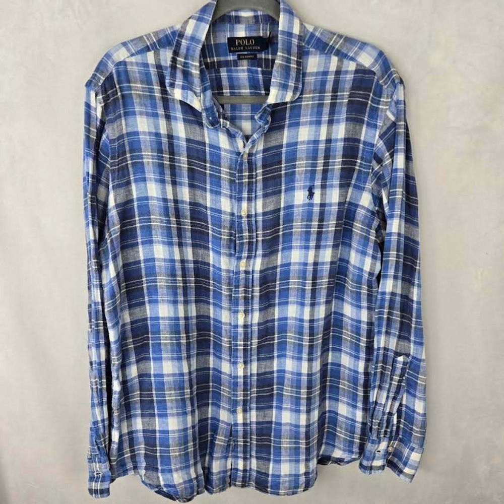 Polo Ralph Lauren Mens Large Blue White‎ Plaid 100% Linen Classic Fit Shirt L